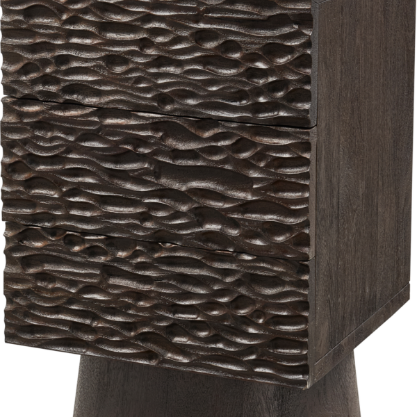 Natbord/sengebord WOOOD Collection i mangotræ med valnødfinish, 3 skuffer, brun, 66Ã40Ã37 cm